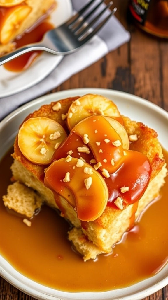 A serving of Bananas Foster bread pudding topped with caramelized bananas and rum sauce, garnished with nuts.
